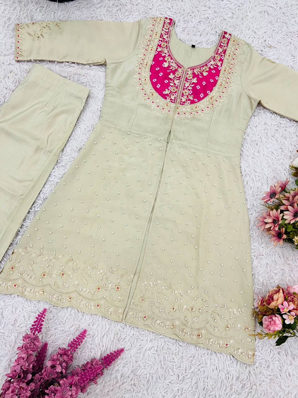 Premium Roman Silk Embroidered Co-ord Set for Women – Kurti & Pant