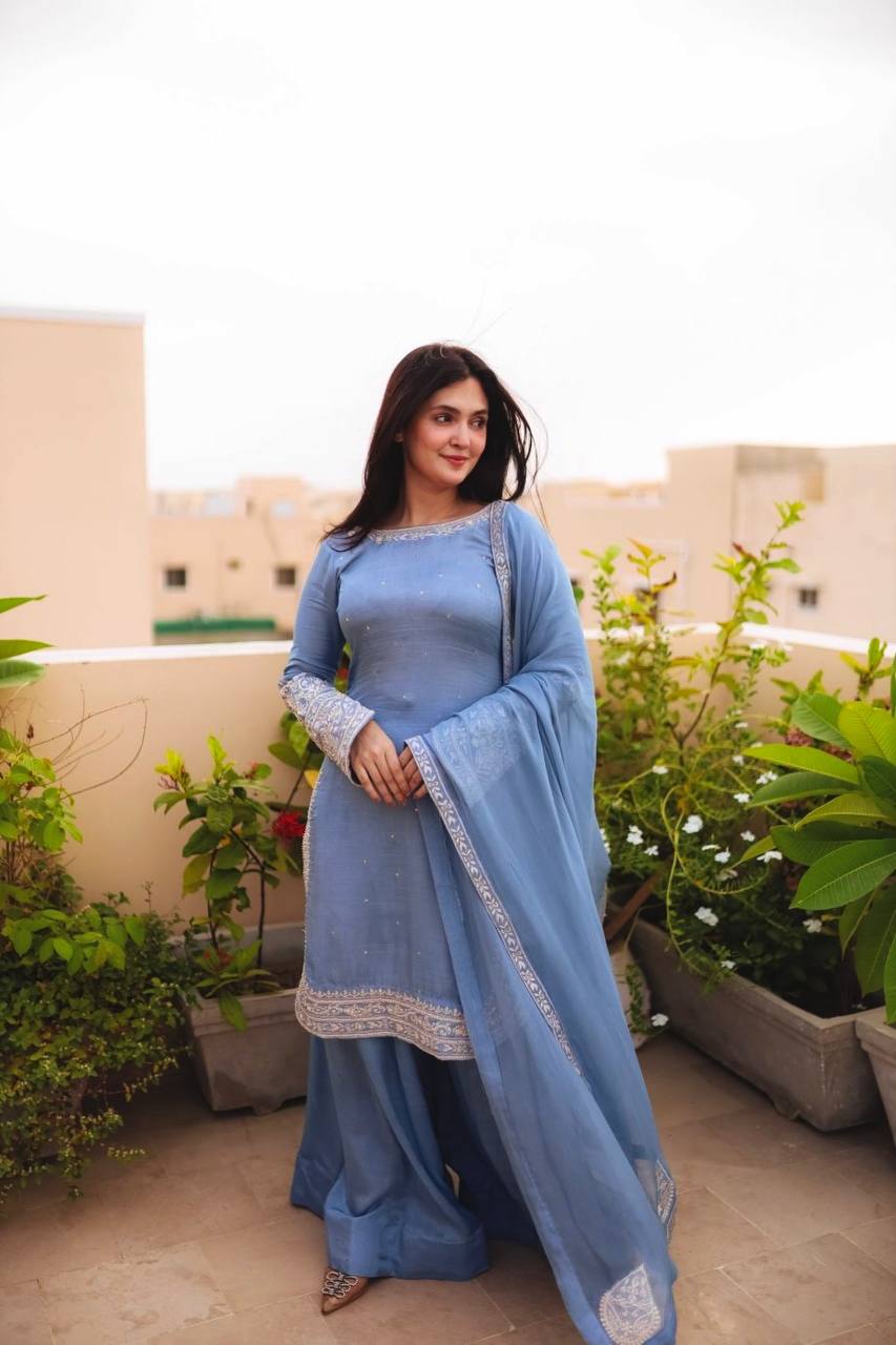 Heavy Faux Georgette Embroidered Sharara Set for Women – Fully Stitched Kurti, Palazzo & Dupatta