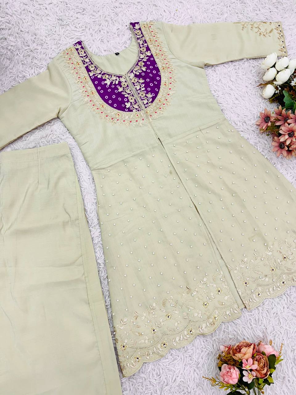 Premium Roman Silk Embroidered Co-ord Set for Women – Kurti & Pant
