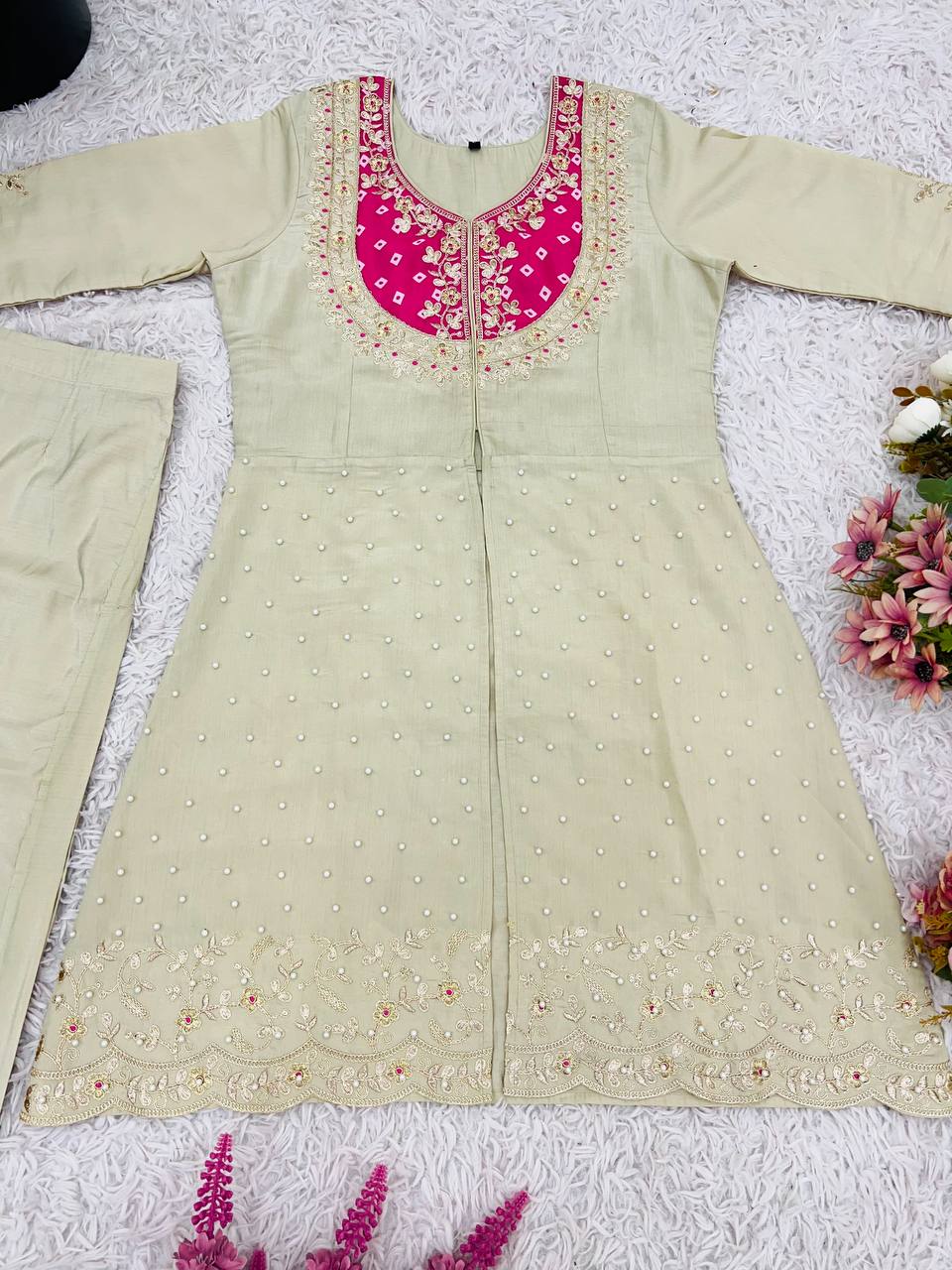 Premium Roman Silk Embroidered Co-ord Set for Women – Kurti & Pant