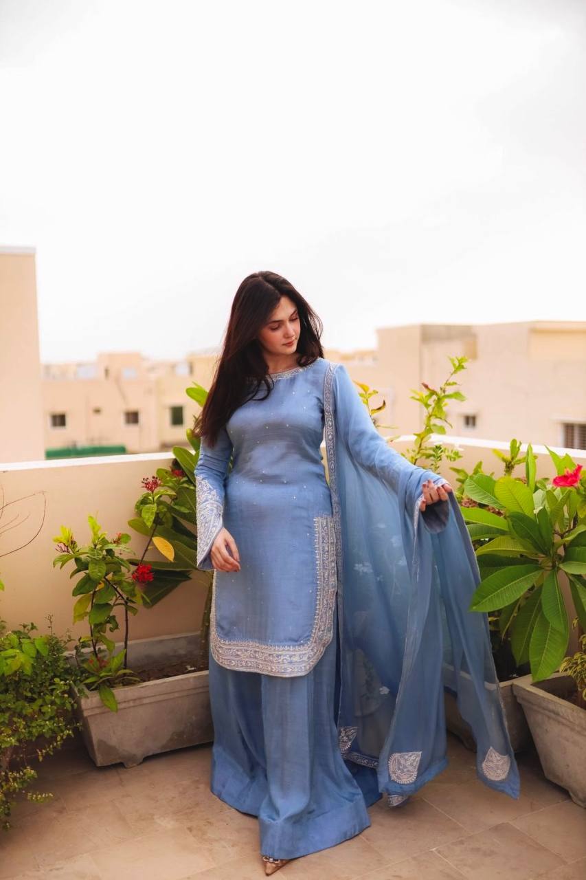Heavy Faux Georgette Embroidered Sharara Set for Women – Fully Stitched Kurti, Palazzo & Dupatta