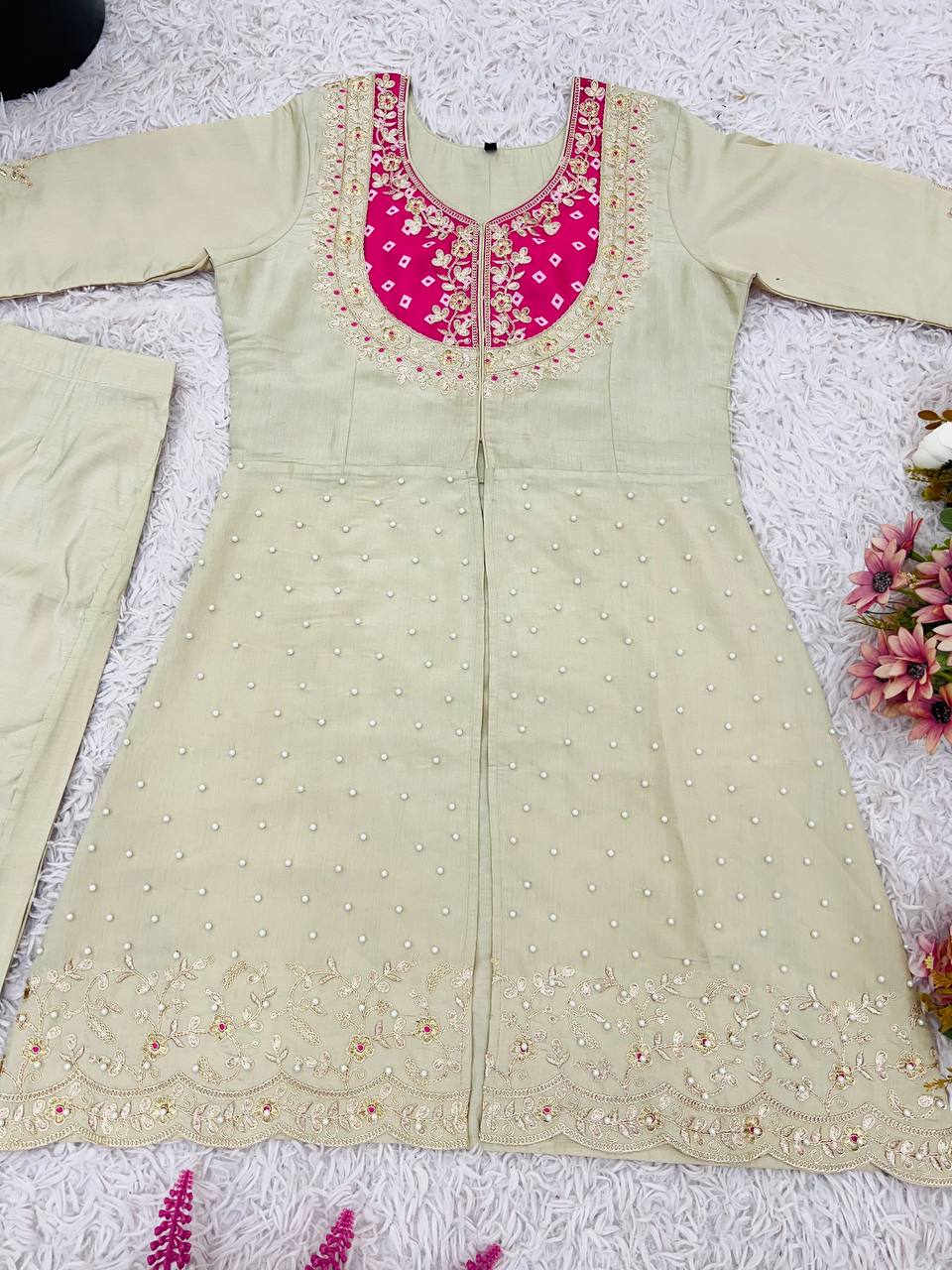Premium Roman Silk Embroidered Co-ord Set for Women – Kurti & Pant