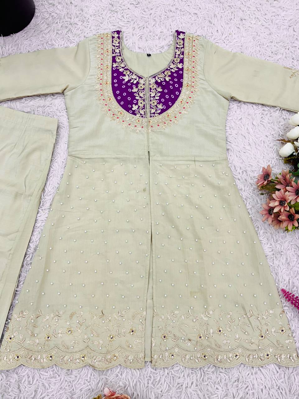 Premium Roman Silk Embroidered Co-ord Set for Women – Kurti & Pant