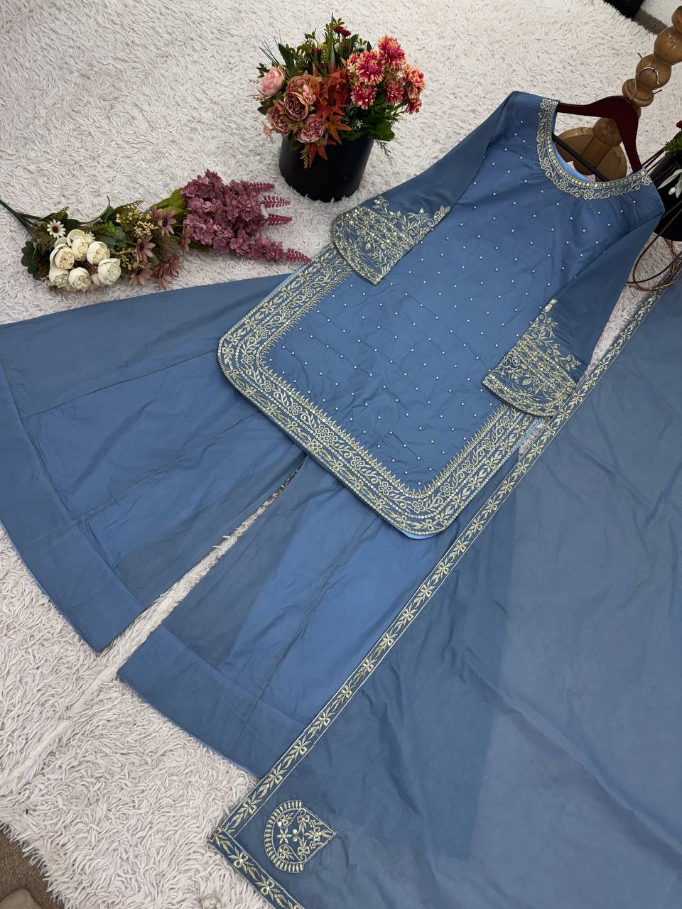 Heavy Faux Georgette Embroidered Sharara Set for Women – Fully Stitched Kurti, Palazzo & Dupatta