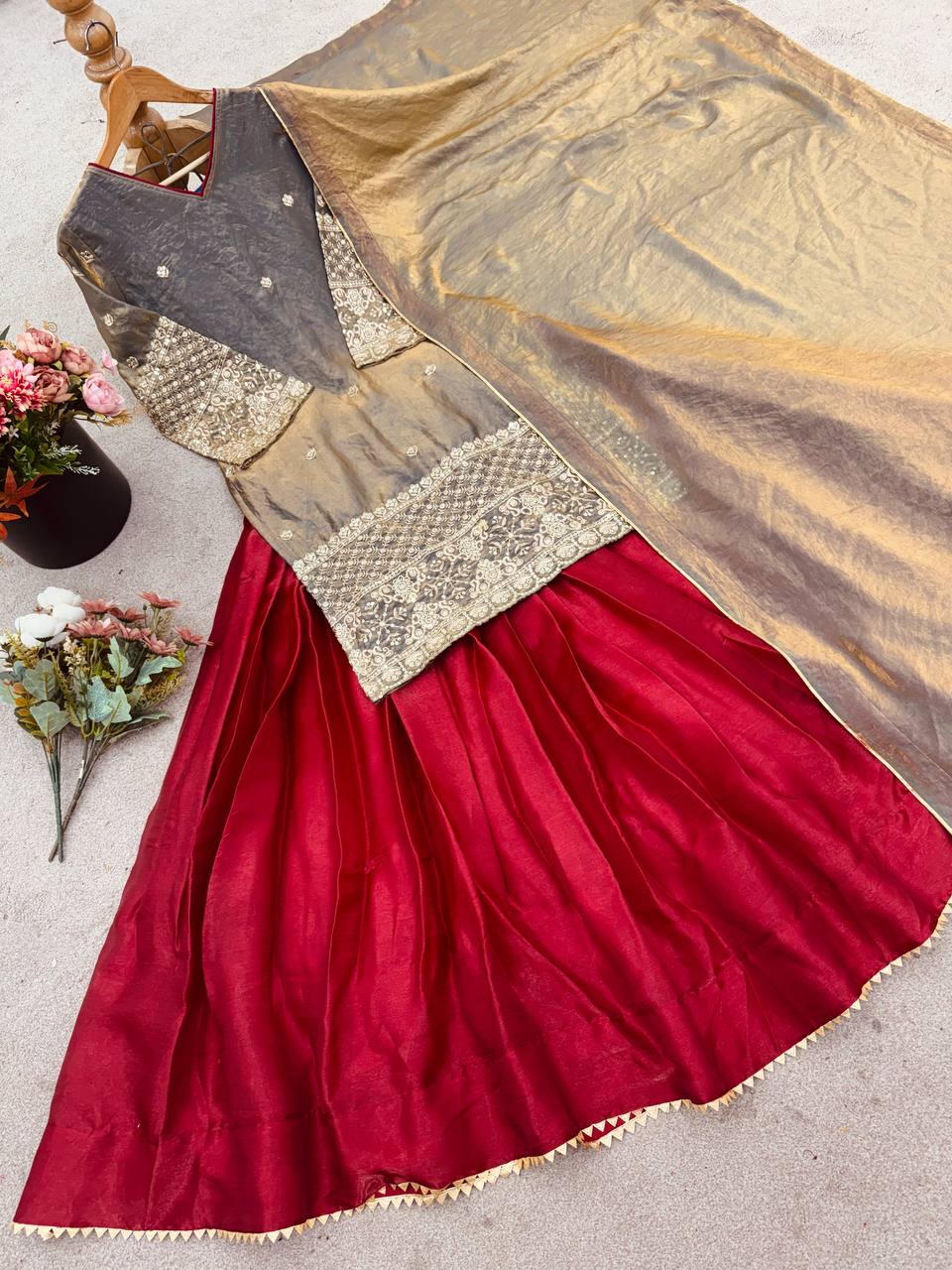 Embroidered Kurti with Lehenga & Dupatta