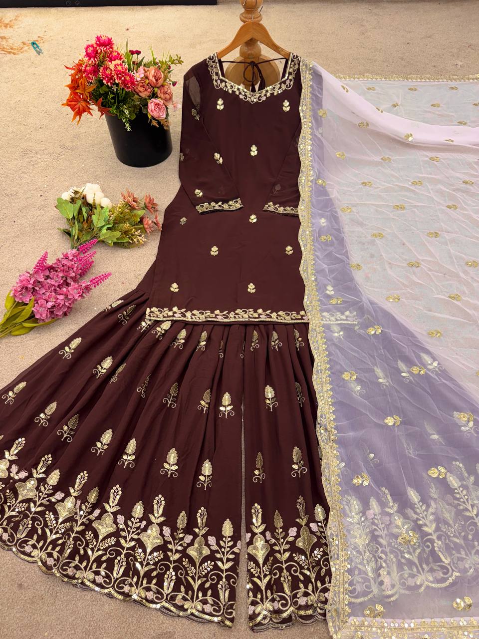 Faux Georgette Embroidered Sharara Set for Women – Kurti, Palazzo & Dupatta