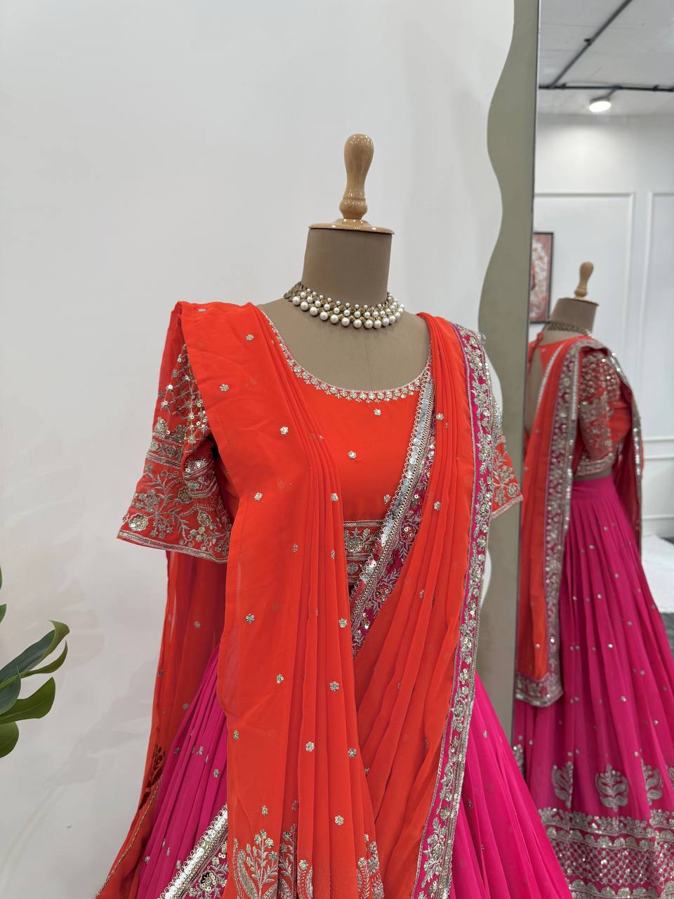 Faux Georgette Lehenga Choli Set with Dual Dupatta – Heavy Thread & Sequence Work