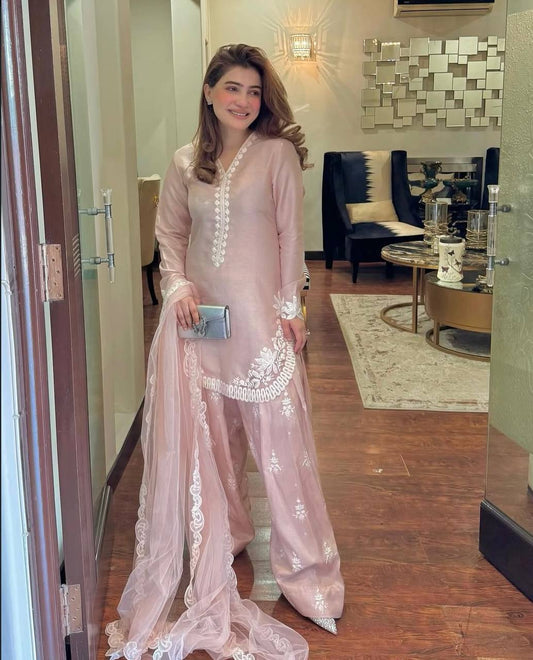 Elegant Pink Crepe Silk Embroidered Suit with Farshi Pant & Dupatta – Ready to Wear