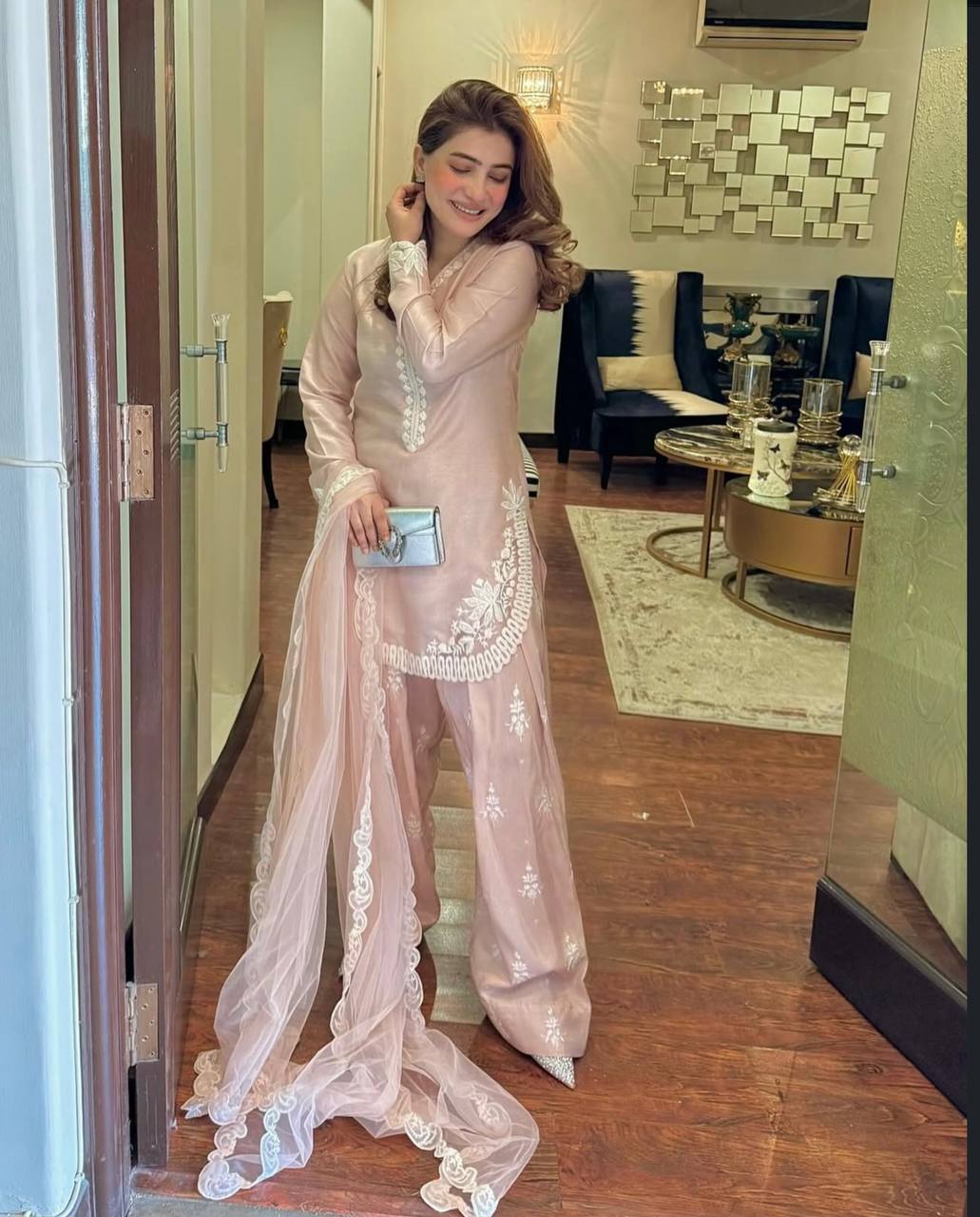 Elegant Pink Crepe Silk Embroidered Suit with Farshi Pant & Dupatta – Ready to Wear