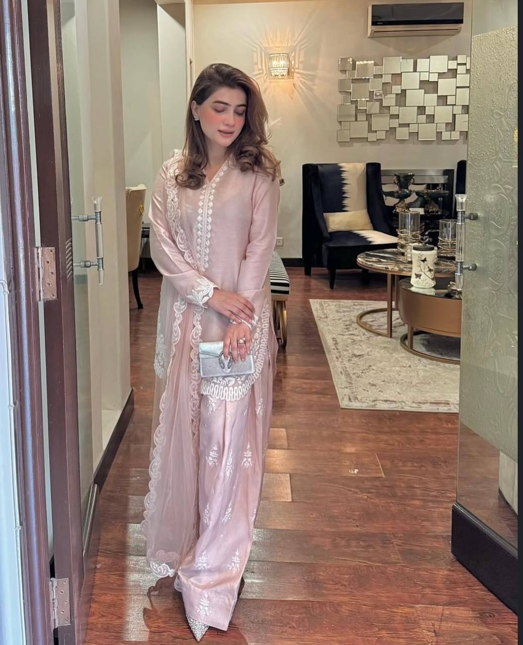 Elegant Pink Crepe Silk Embroidered Suit with Farshi Pant & Dupatta – Ready to Wear