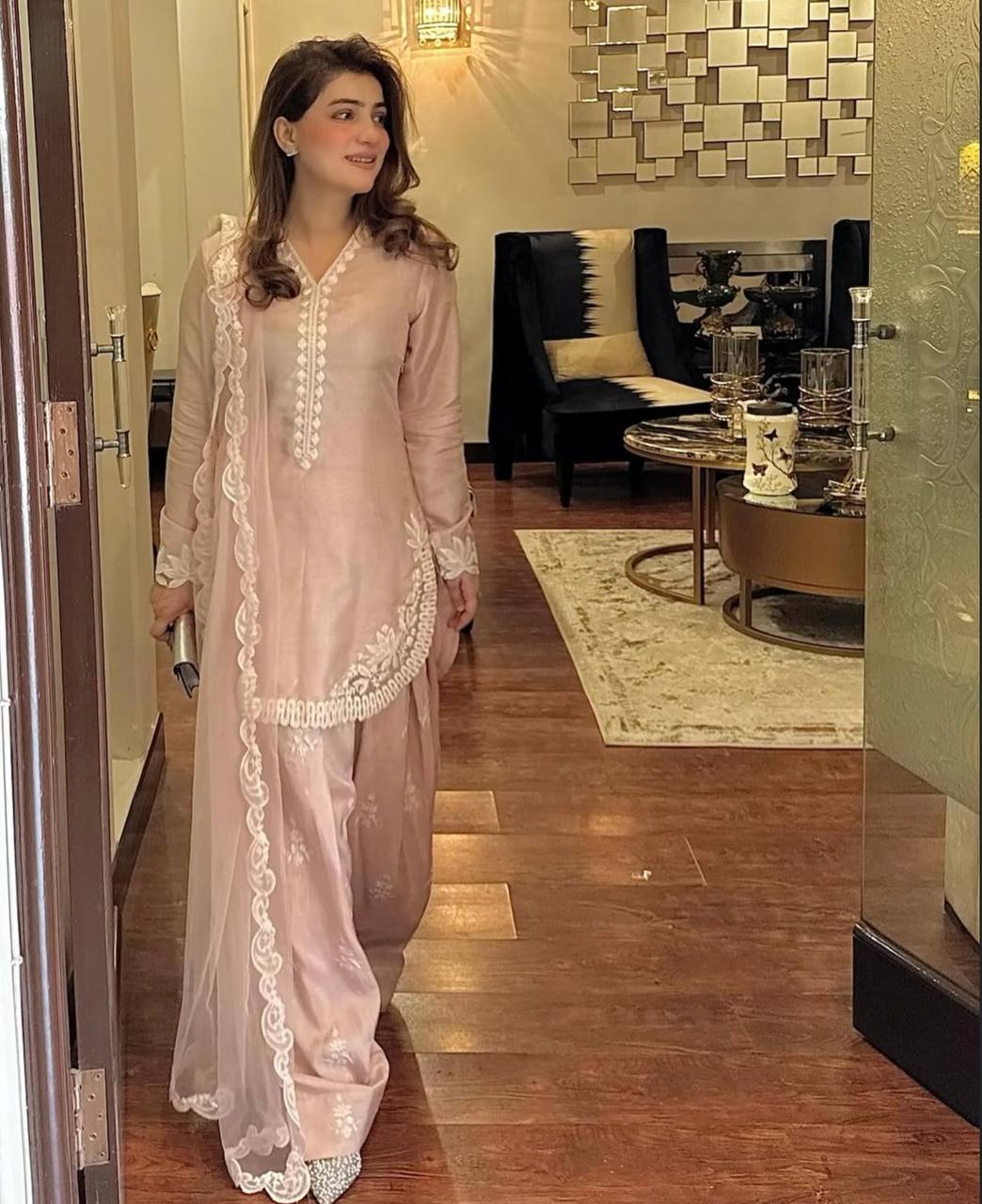 Elegant Pink Crepe Silk Embroidered Suit with Farshi Pant & Dupatta – Ready to Wear