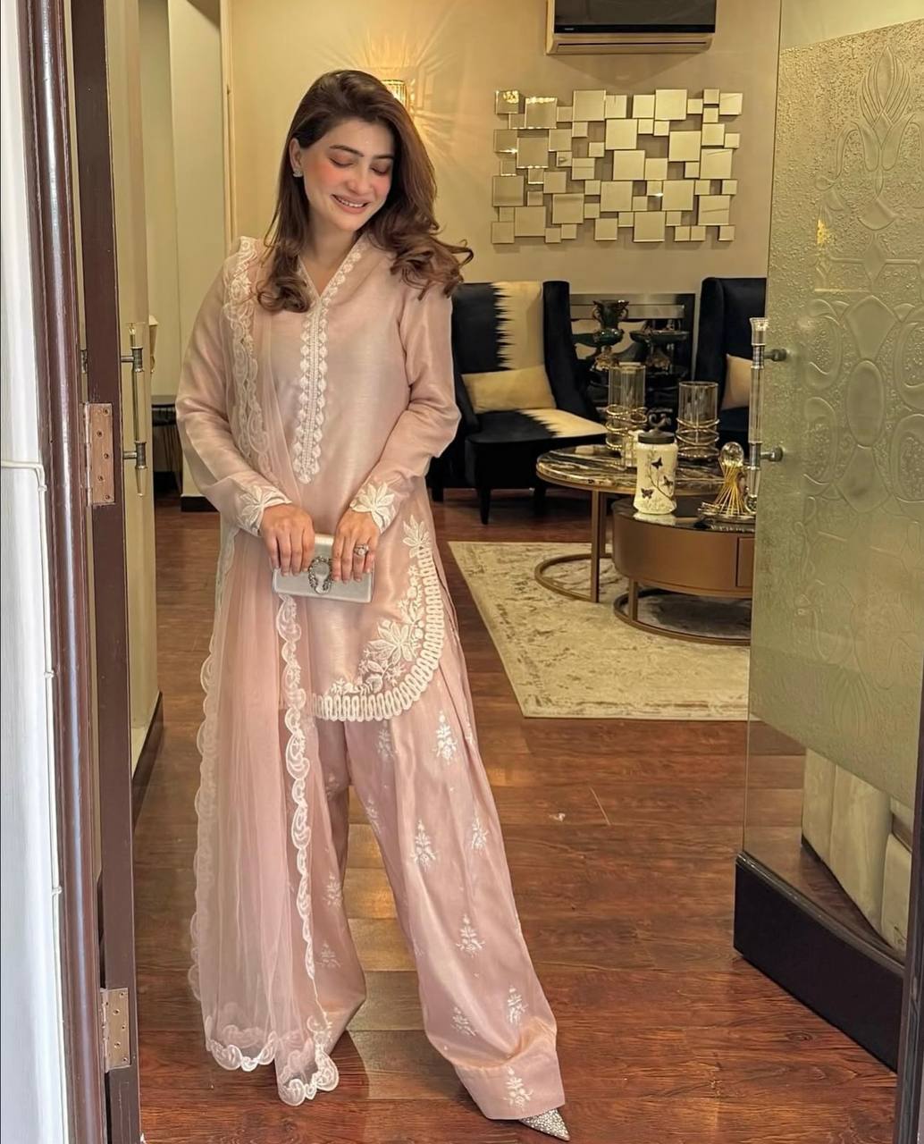 Elegant Pink Crepe Silk Embroidered Suit with Farshi Pant & Dupatta – Ready to Wear