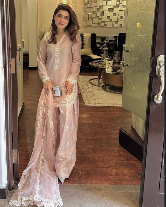 Elegant Pink Crepe Silk Embroidered Suit with Farshi Pant & Dupatta – Ready to Wear