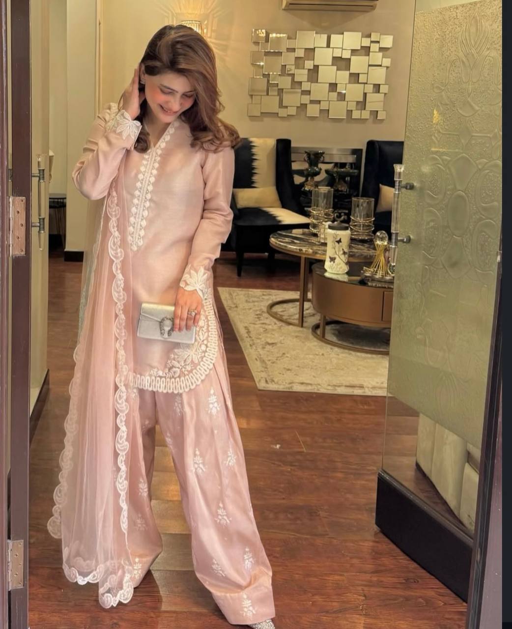Elegant Pink Crepe Silk Embroidered Suit with Farshi Pant & Dupatta – Ready to Wear