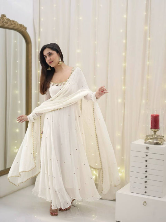 Elegant White Faux Georgette Anarkali with Palazzo & Dupatta – Embroidered Ready-to-Wear Suit