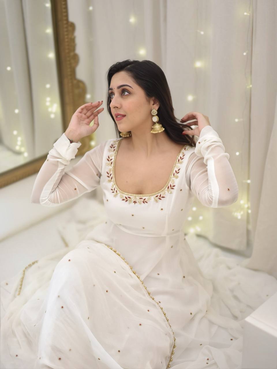 Elegant White Faux Georgette Anarkali with Palazzo & Dupatta – Embroidered Ready-to-Wear Suit