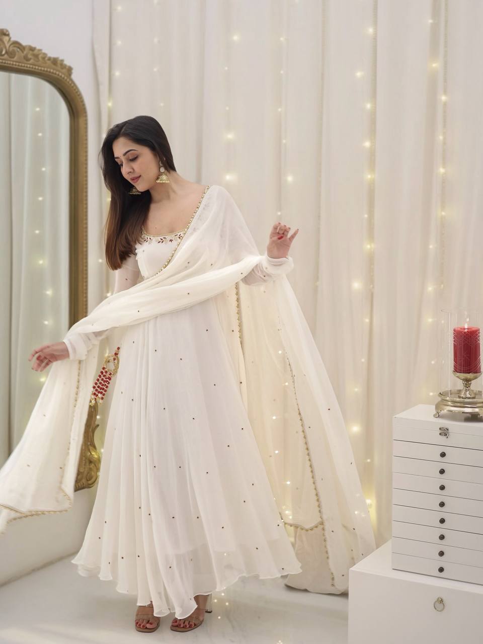Elegant White Faux Georgette Anarkali with Palazzo & Dupatta – Embroidered Ready-to-Wear Suit