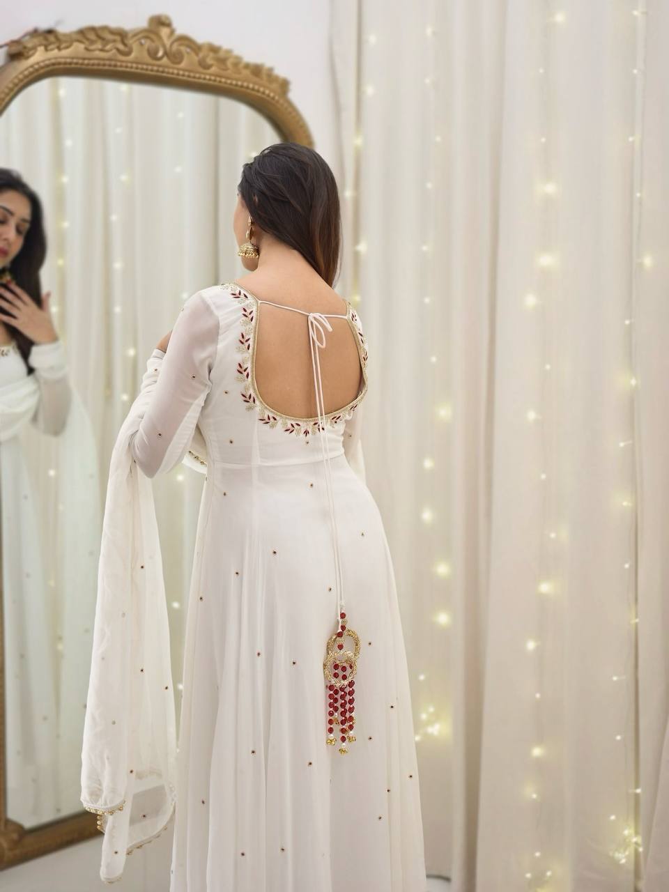 Elegant White Faux Georgette Anarkali with Palazzo & Dupatta – Embroidered Ready-to-Wear Suit