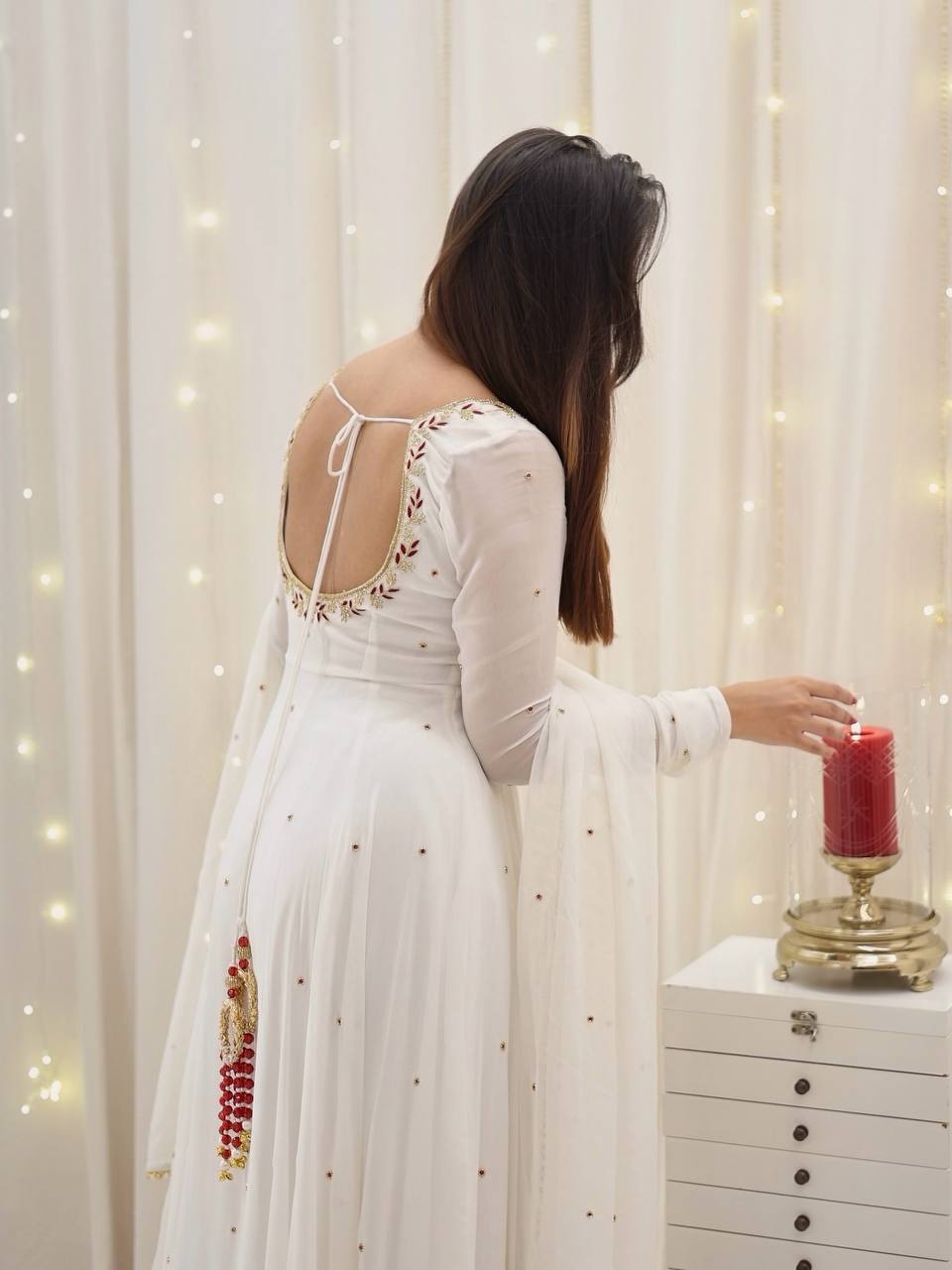 Elegant White Faux Georgette Anarkali with Palazzo & Dupatta – Embroidered Ready-to-Wear Suit