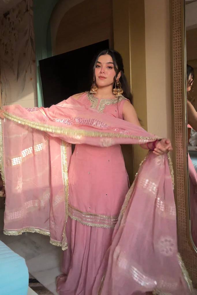 Rakhi Special Tabby Organza Kurta Sharara Set for Women – Embroidered & Mirror Work