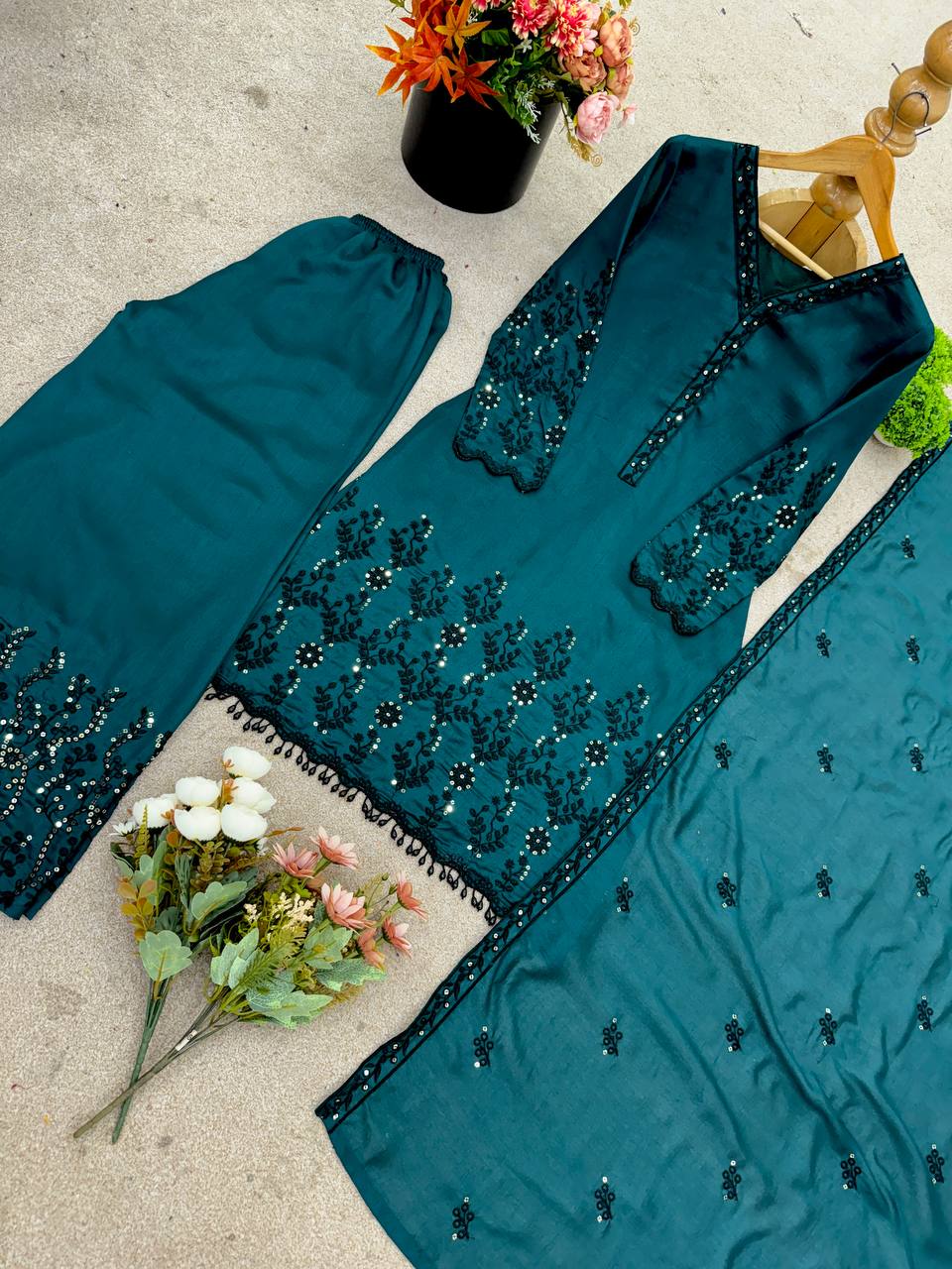 Premium Vichitra Silk Embroidered Suit Set for Women – Fully Stitched Kurti with Palazzo & Dupatta