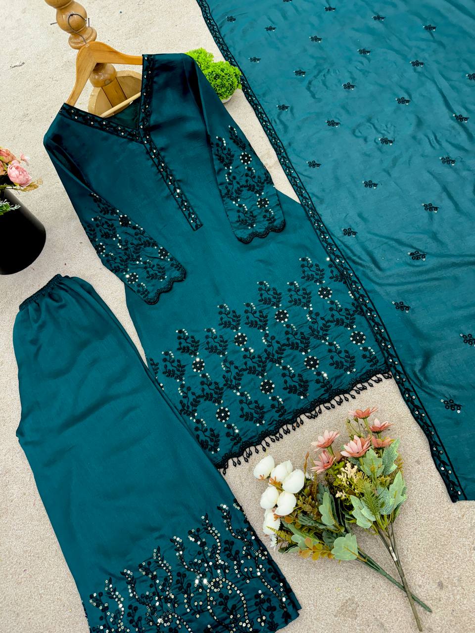 Premium Vichitra Silk Embroidered Suit Set for Women – Fully Stitched Kurti with Palazzo & Dupatta