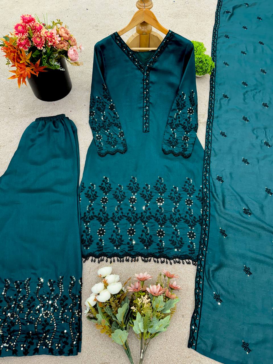 Premium Vichitra Silk Embroidered Suit Set for Women – Fully Stitched Kurti with Palazzo & Dupatta