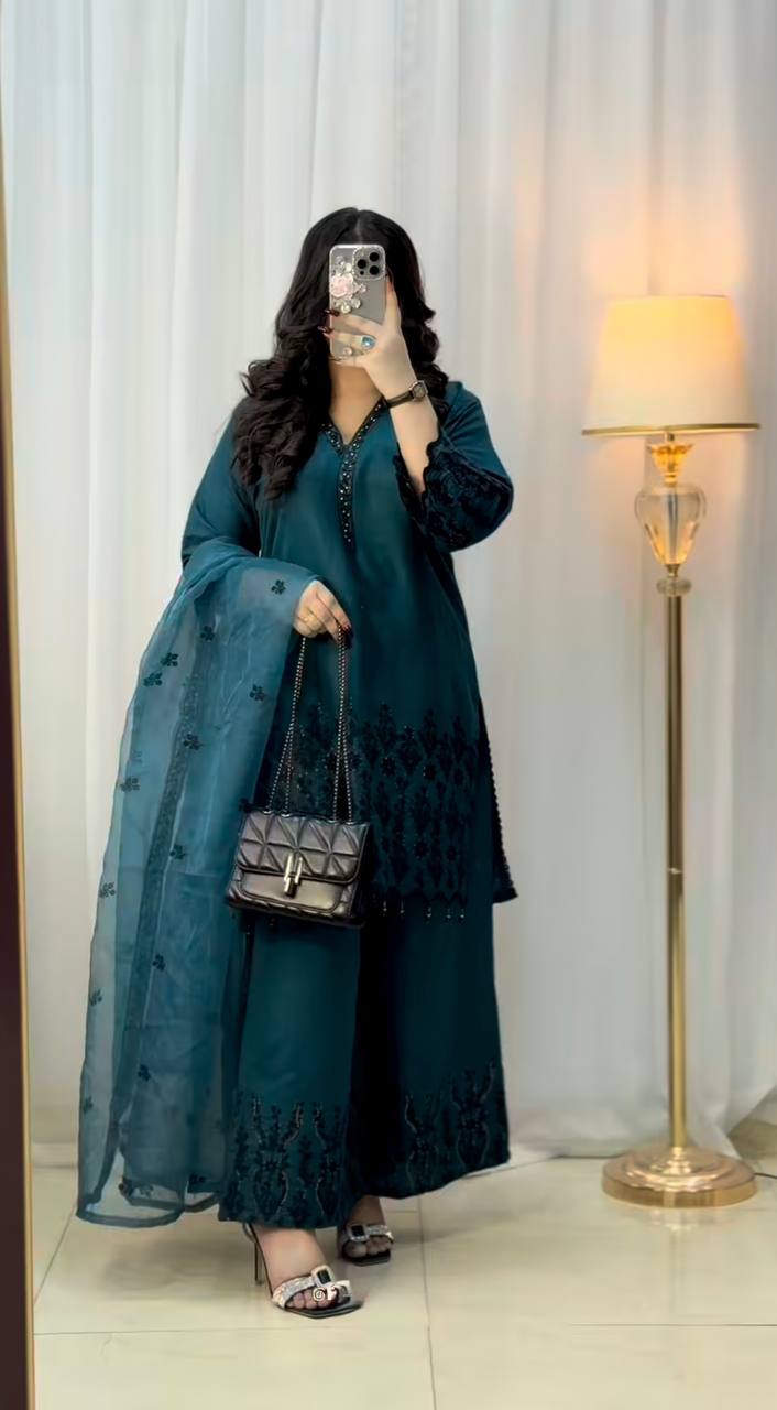 Premium Vichitra Silk Embroidered Suit Set for Women – Fully Stitched Kurti with Palazzo & Dupatta