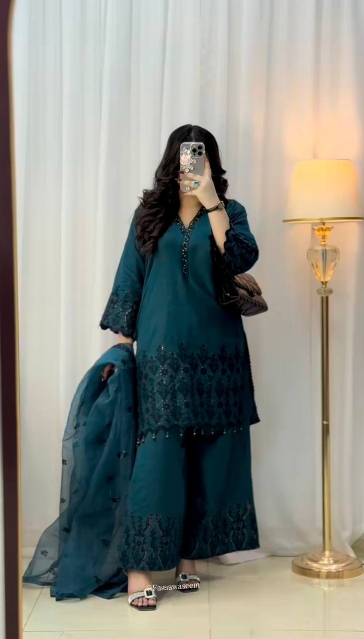 Premium Vichitra Silk Embroidered Suit Set for Women – Fully Stitched Kurti with Palazzo & Dupatta