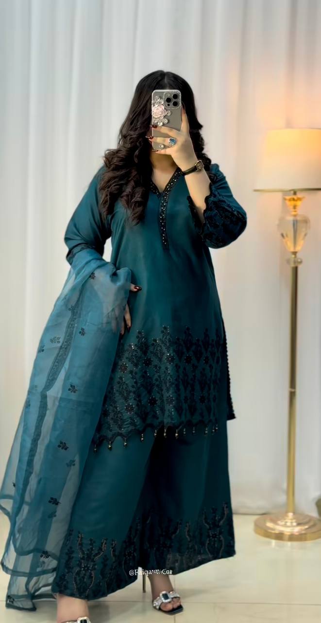 Premium Vichitra Silk Embroidered Suit Set for Women – Fully Stitched Kurti with Palazzo & Dupatta