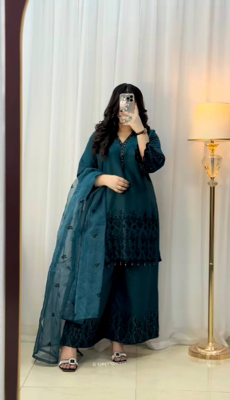 Premium Vichitra Silk Embroidered Suit Set for Women – Fully Stitched Kurti with Palazzo & Dupatta