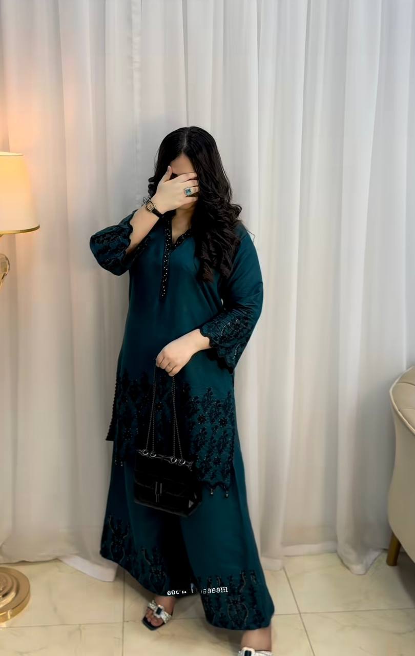 Premium Vichitra Silk Embroidered Suit Set for Women – Fully Stitched Kurti with Palazzo & Dupatta