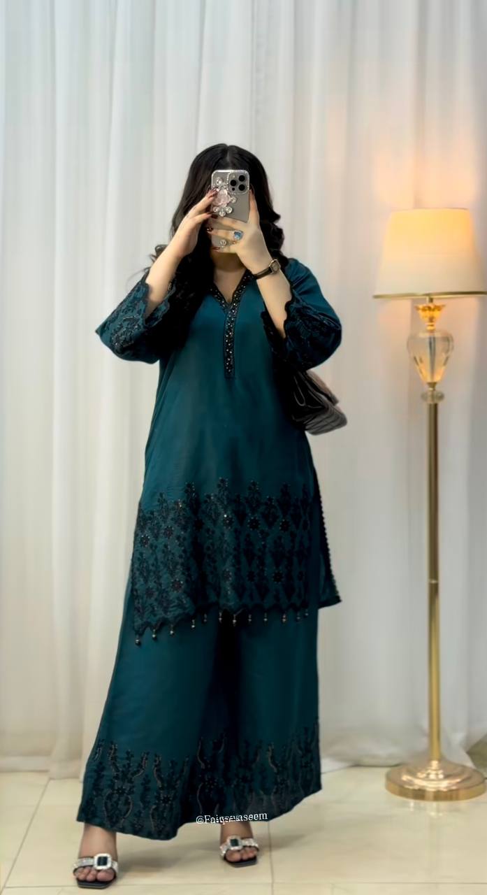 Premium Vichitra Silk Embroidered Suit Set for Women – Fully Stitched Kurti with Palazzo & Dupatta