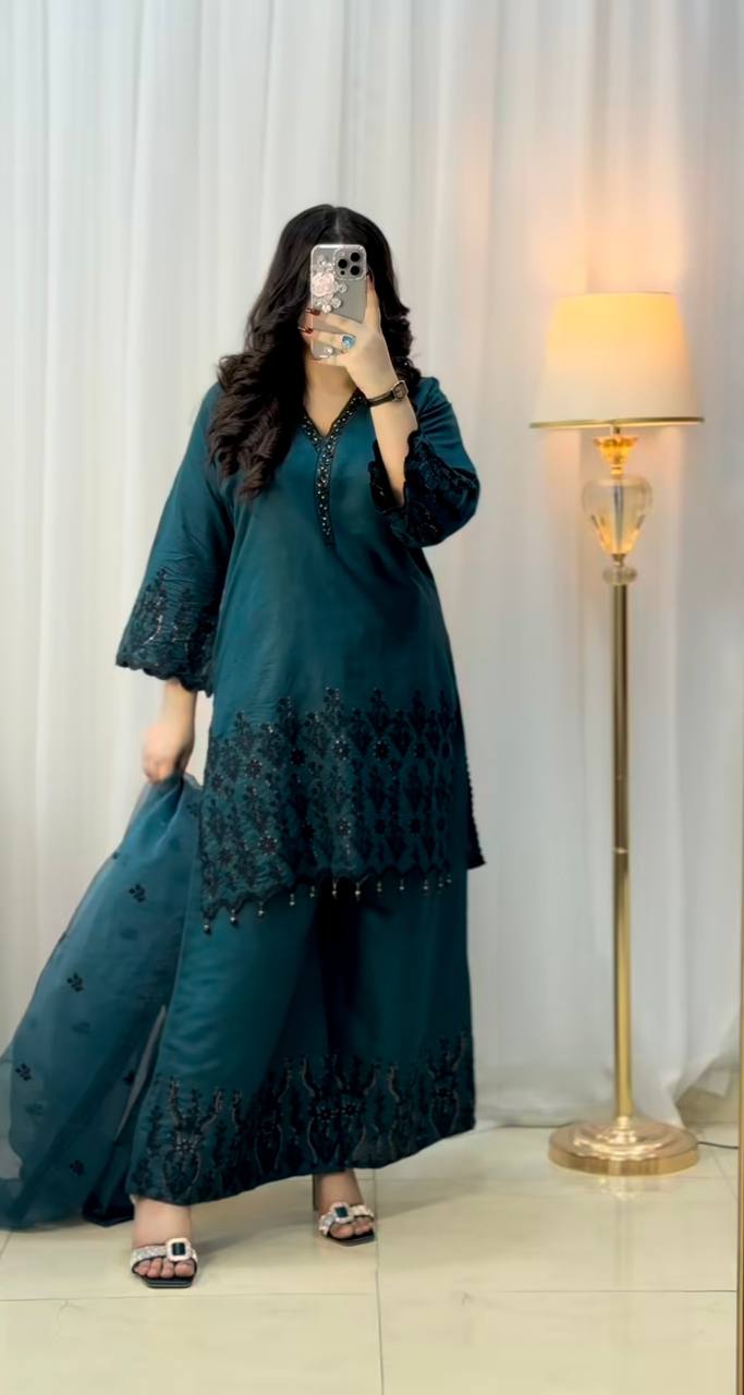 Premium Vichitra Silk Embroidered Suit Set for Women – Fully Stitched Kurti with Palazzo & Dupatta