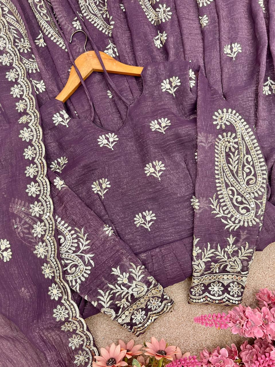 Silk Embroidered Suit Set for Women – Ready to Wear Kurti with Palazzo & Dupatta