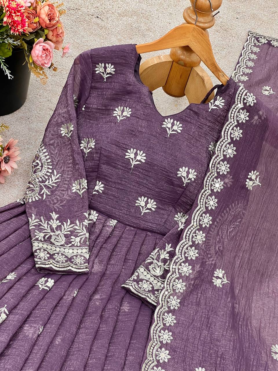 Silk Embroidered Suit Set for Women – Ready to Wear Kurti with Palazzo & Dupatta