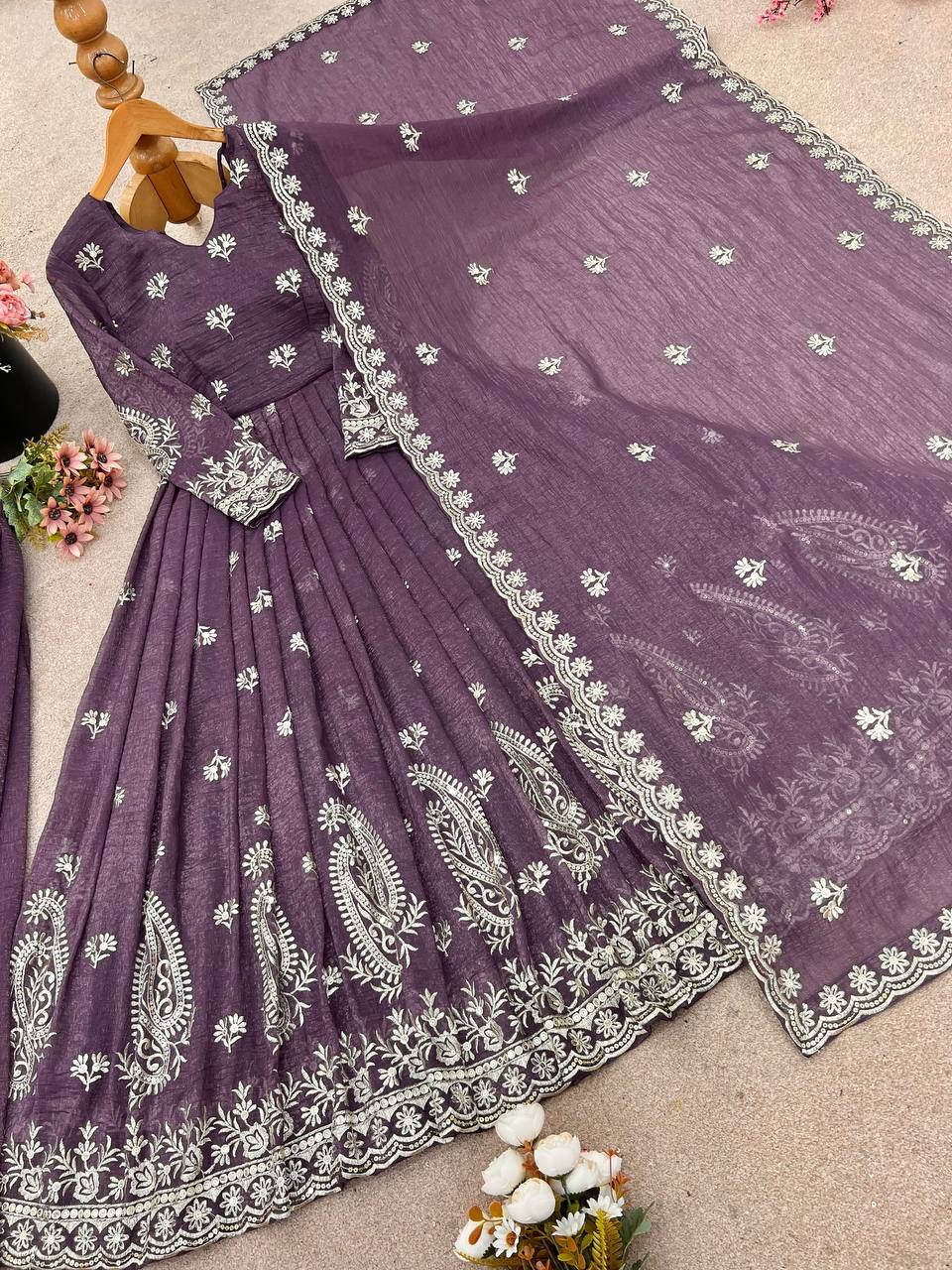 Silk Embroidered Suit Set for Women – Ready to Wear Kurti with Palazzo & Dupatta