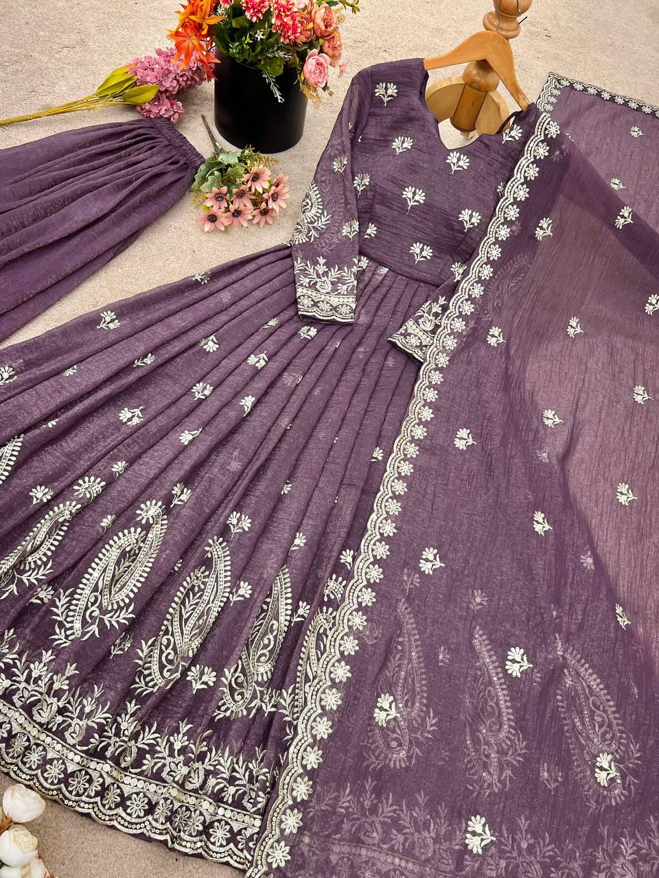 Silk Embroidered Suit Set for Women – Ready to Wear Kurti with Palazzo & Dupatta