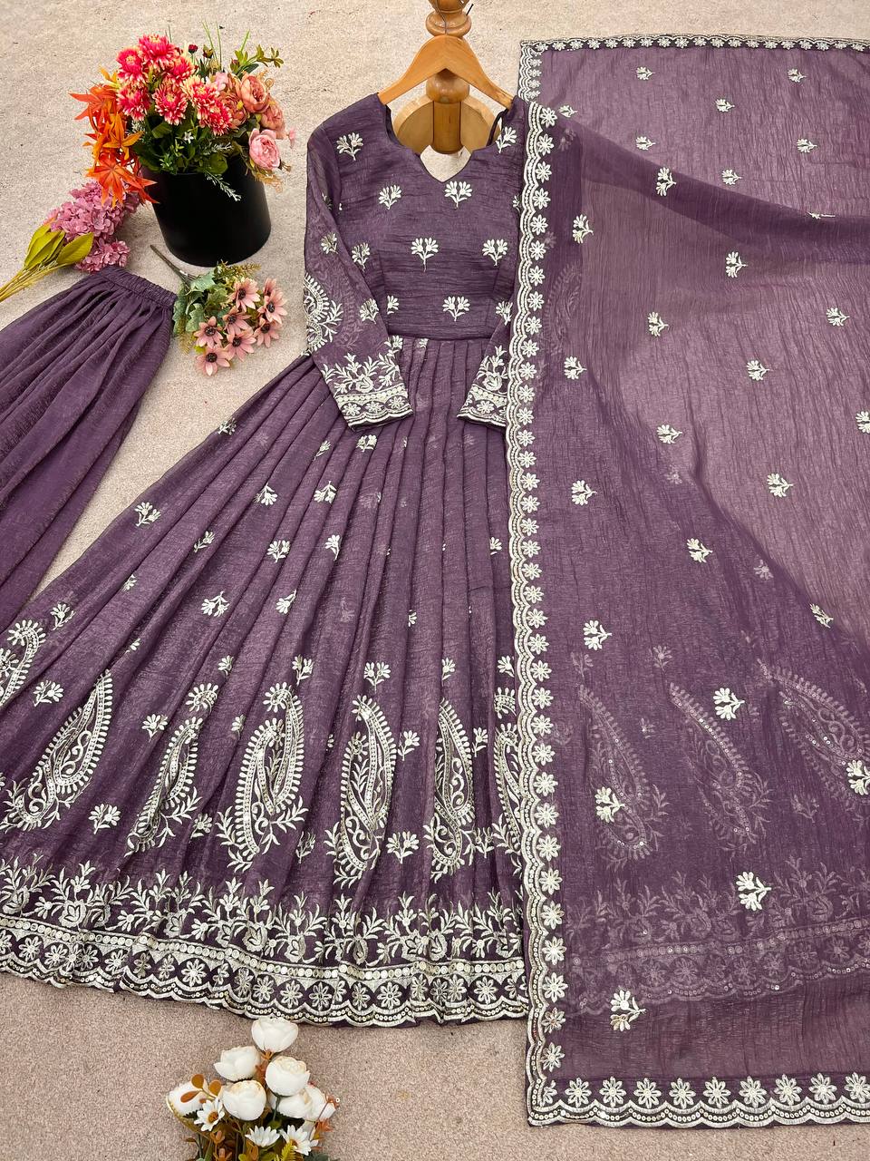 Silk Embroidered Suit Set for Women – Ready to Wear Kurti with Palazzo & Dupatta
