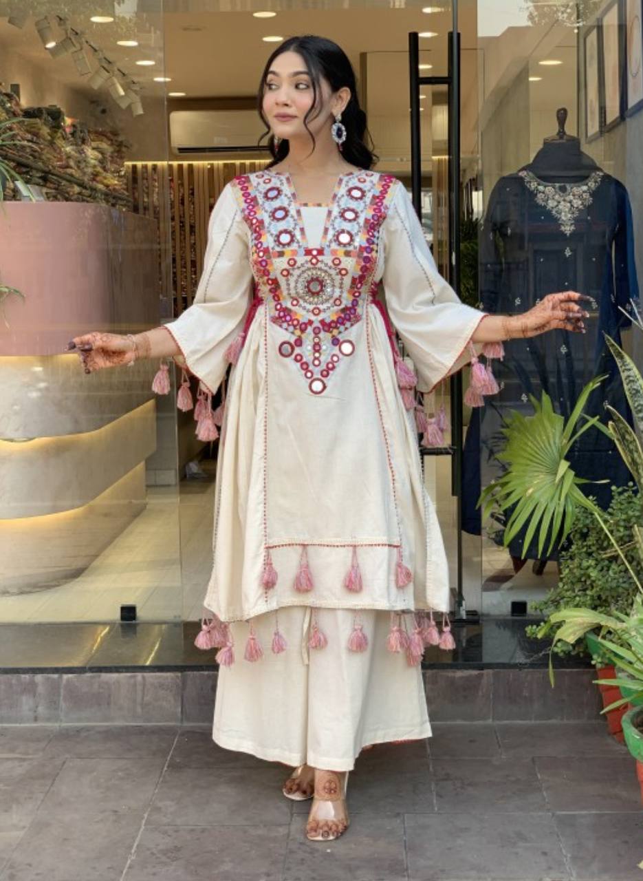 Vritika Pure Khadi Cottan Mirror Tassel Co-ord Set