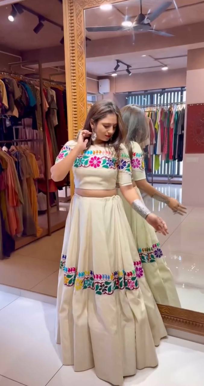 Marvelous White Color Embroidery Gamthi Work Lehenga Choli