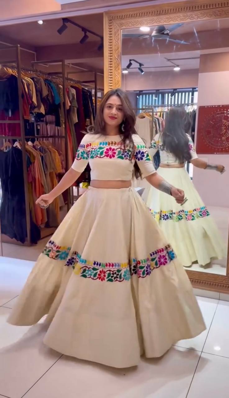 Marvelous White Color Embroidery Gamthi Work Lehenga Choli