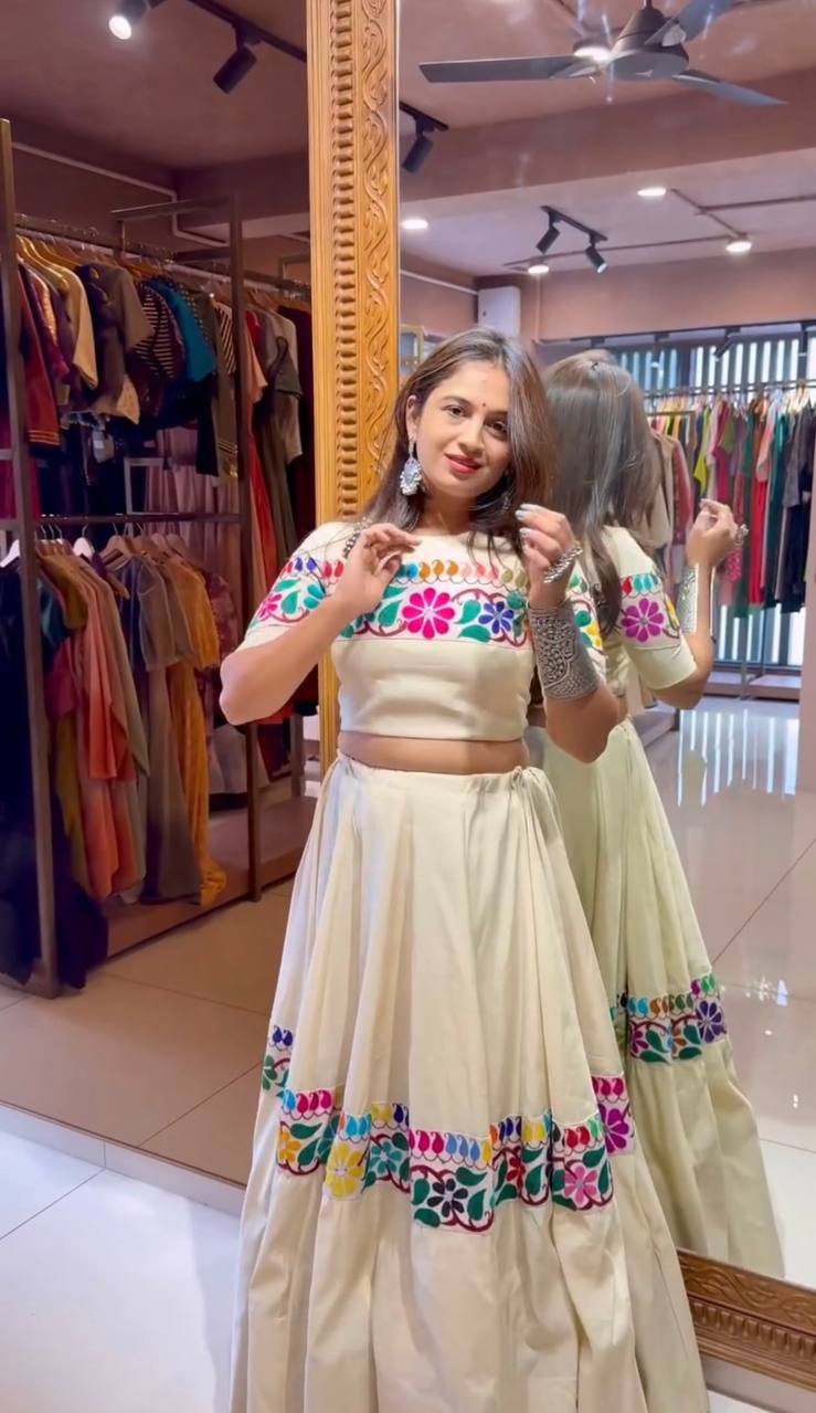 Marvelous White Color Embroidery Gamthi Work Lehenga Choli