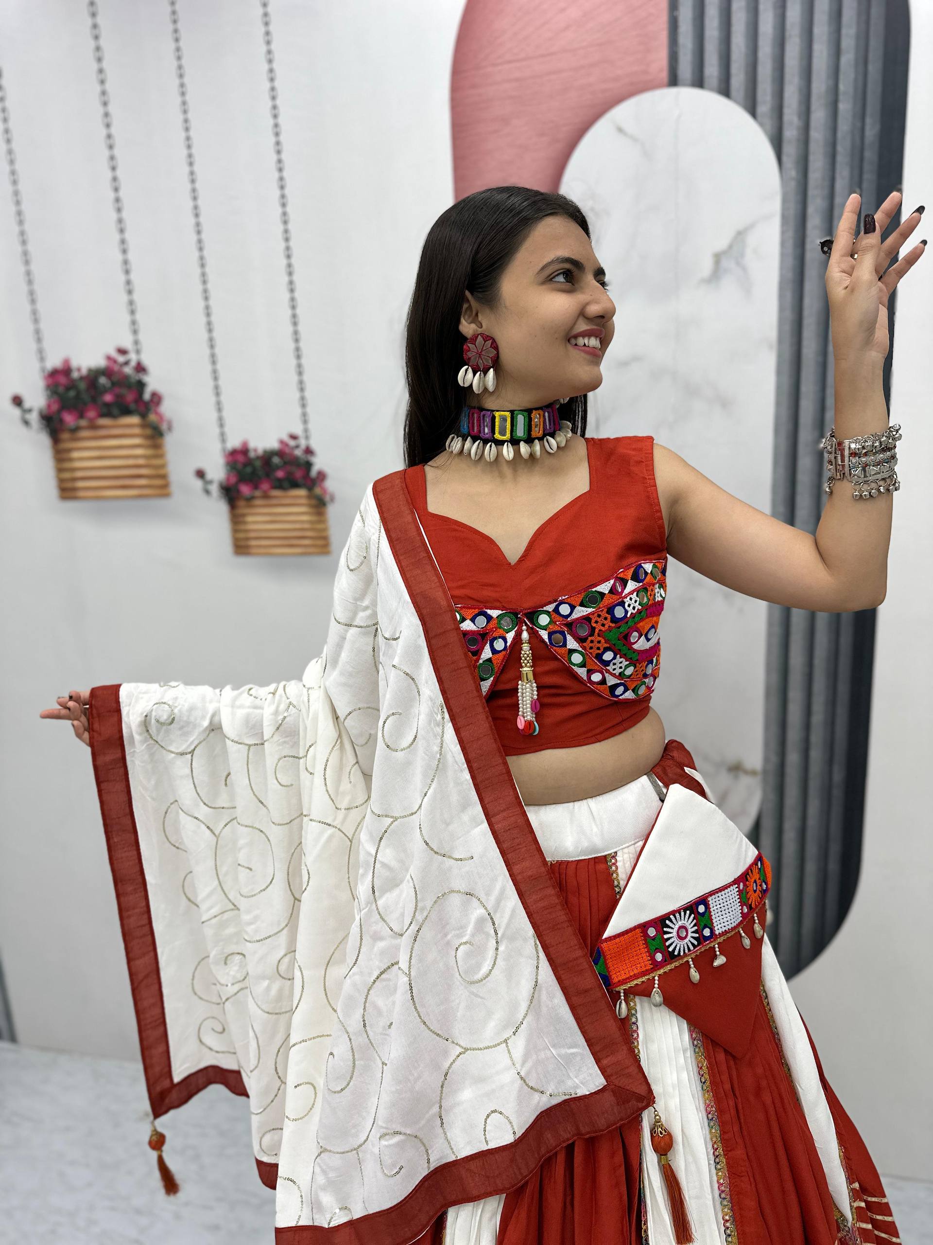Red & White Mirror Work Lehenga Choli with Dupatta & Purse – Festive Wear Set