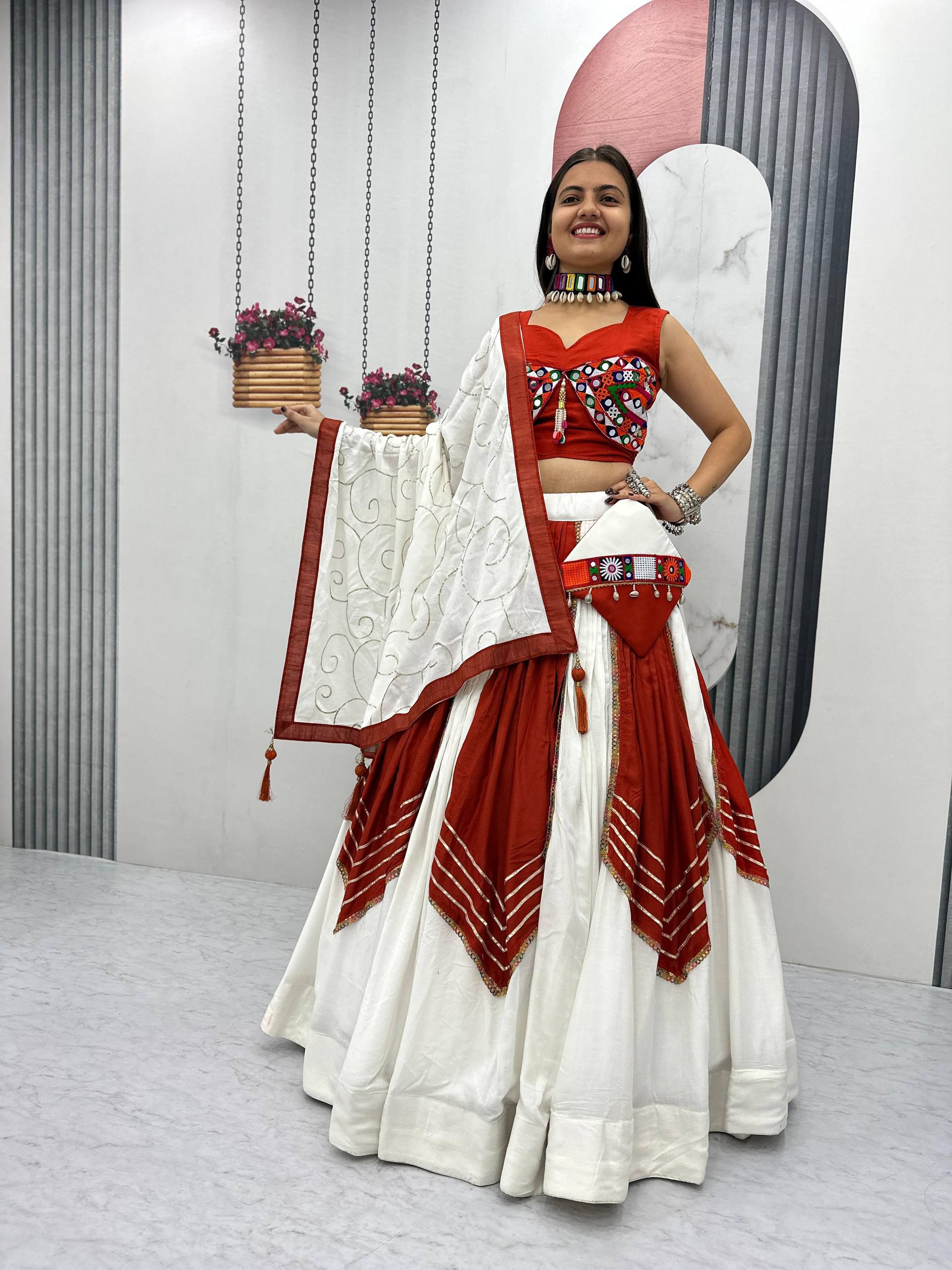 Red & White Mirror Work Lehenga Choli with Dupatta & Purse – Festive Wear Set