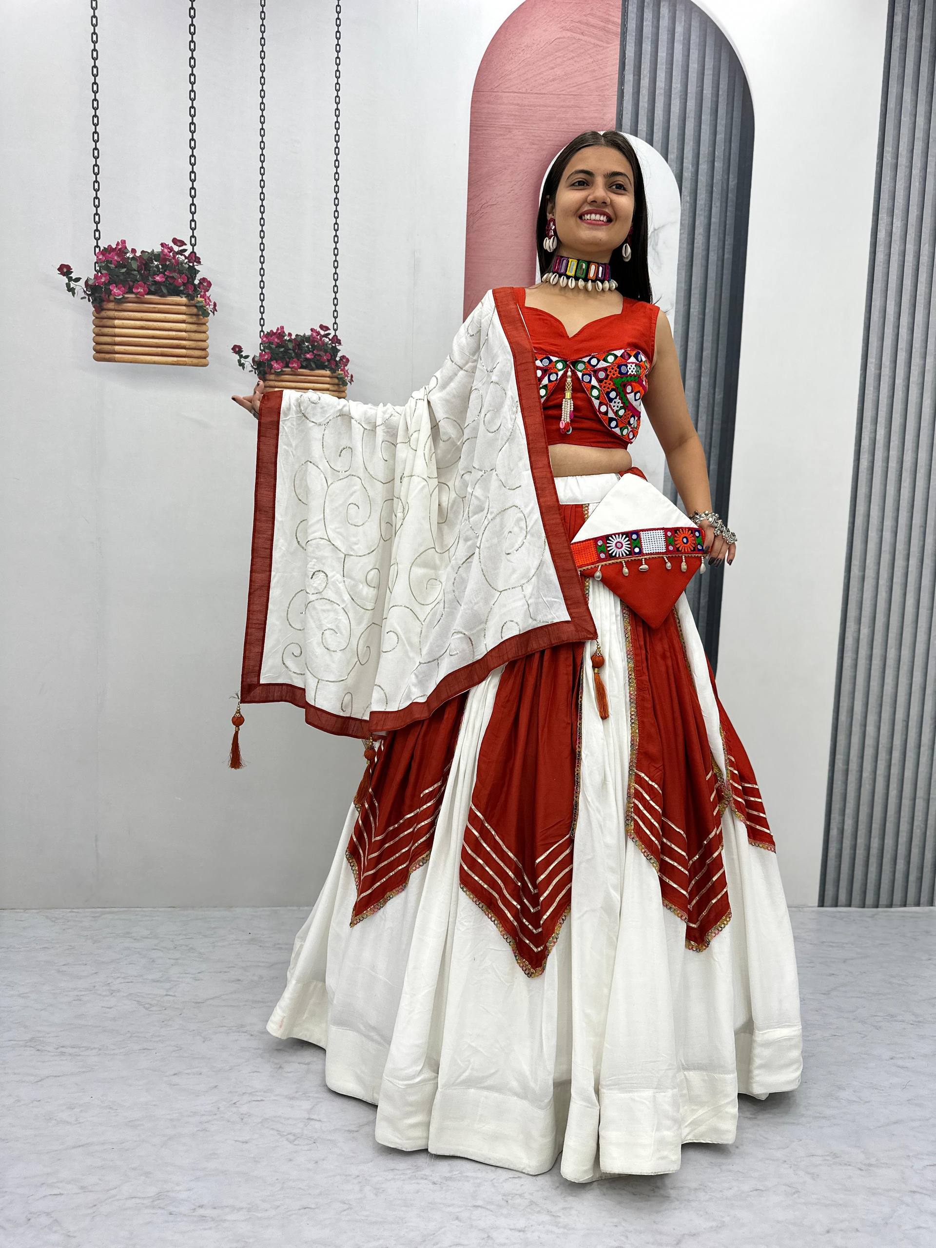 Red & White Mirror Work Lehenga Choli with Dupatta & Purse – Festive Wear Set