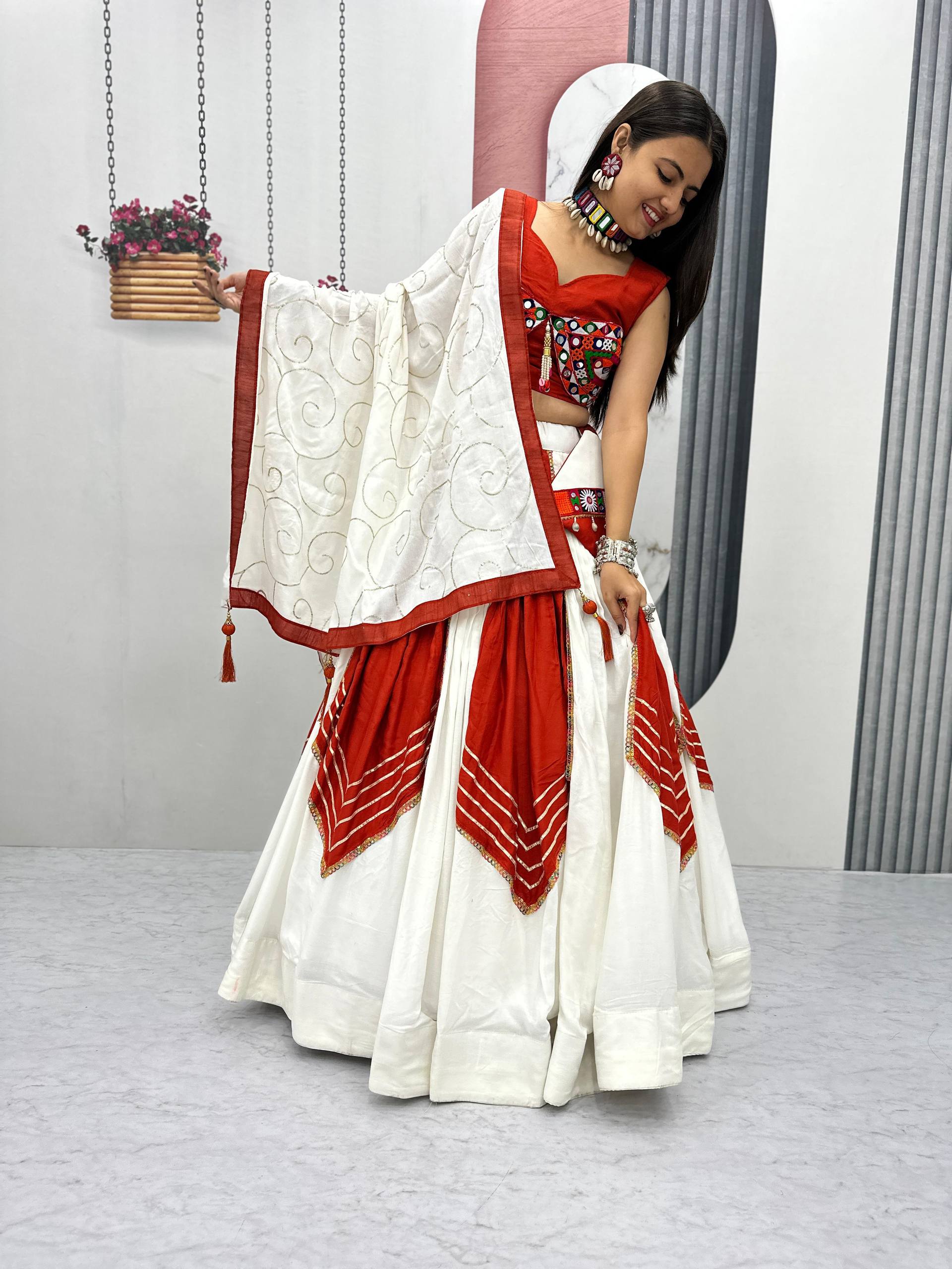 Red & White Mirror Work Lehenga Choli with Dupatta & Purse – Festive Wear Set
