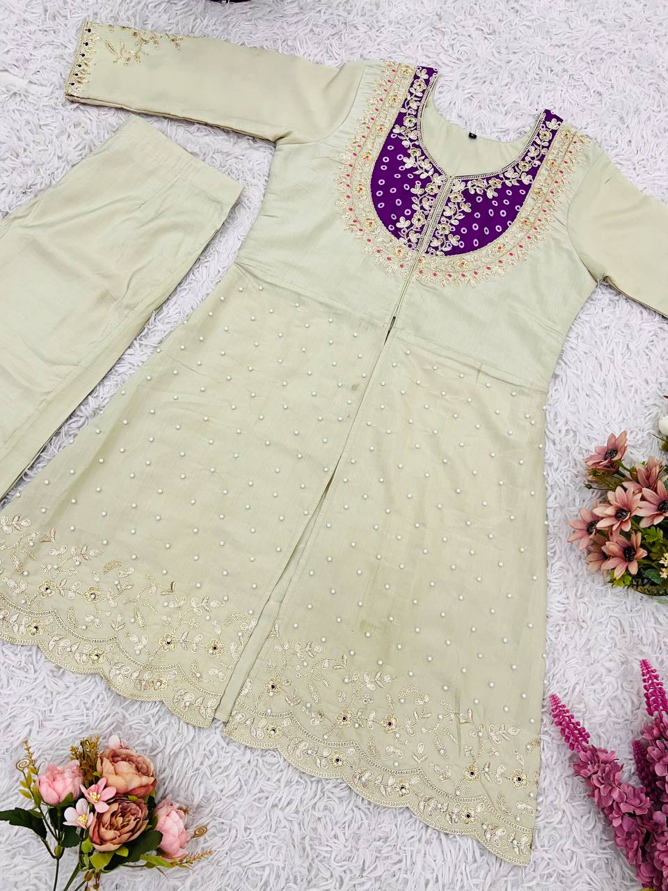 Premium Roman Silk Embroidered Co-ord Set for Women – Kurti & Pant