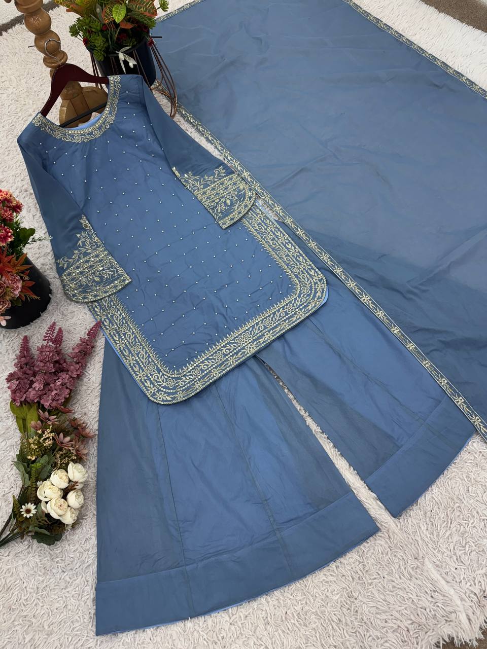 Heavy Faux Georgette Embroidered Sharara Set for Women – Fully Stitched Kurti, Palazzo & Dupatta