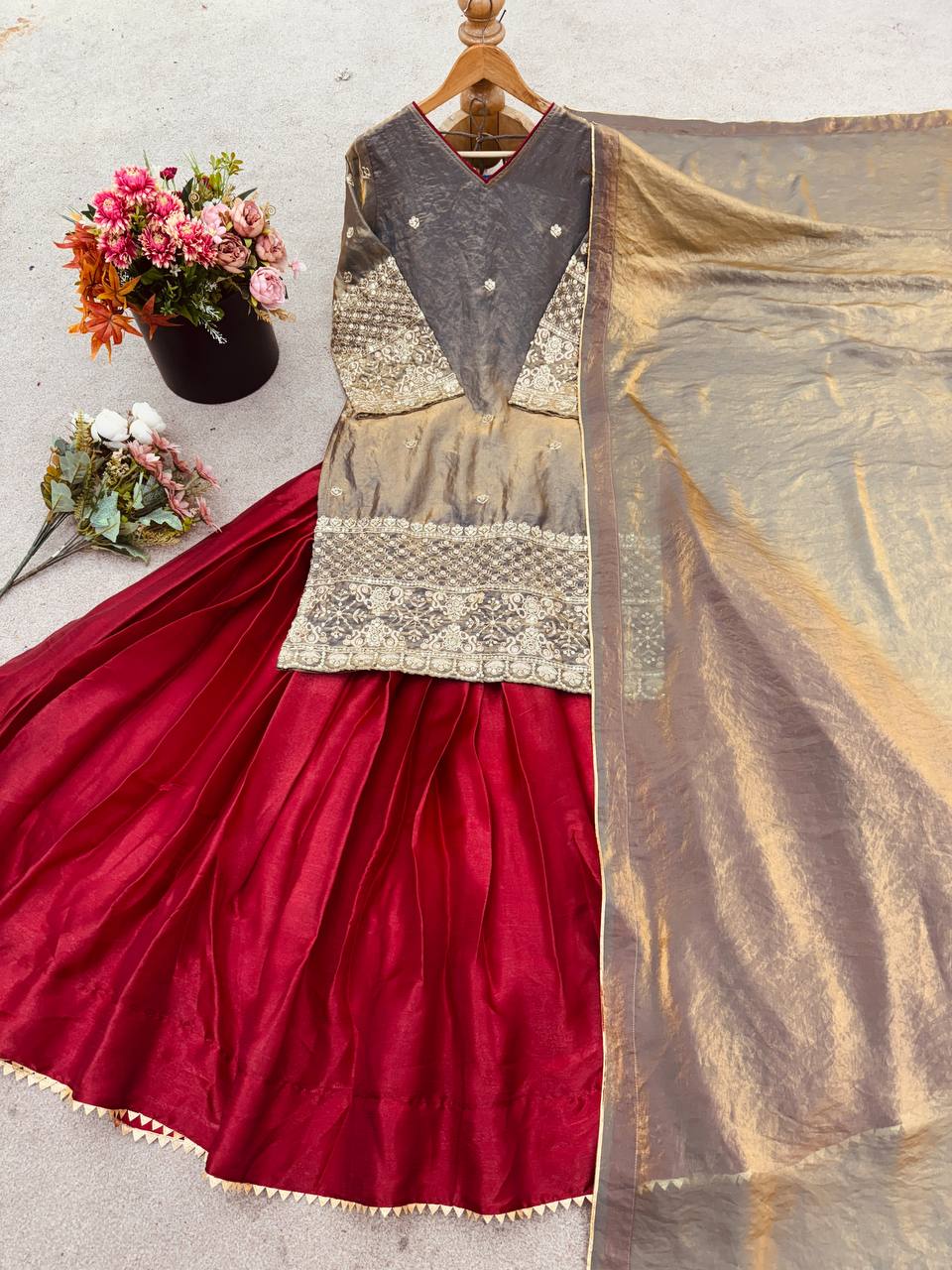 Embroidered Kurti with Lehenga & Dupatta